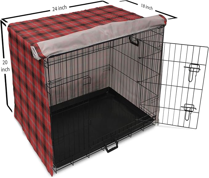 Lunarable Buffalo Plaid Dog Crate Cover, Arrangement with Lumberjack Themes Geometric Concept Pattern Print, Easy to Use Pet Kennel Cover for Cats & Medium Dogs, 24 Inch, Vermilion and Grey
