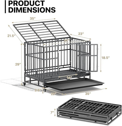 MoNiBloom Heavy Duty Dog Indestructible Crate with Lockable Wheels, Escape Proof Dog Kennel with Double-Door, Chew-Proof Pet Cage Indoor for Medium Dogs