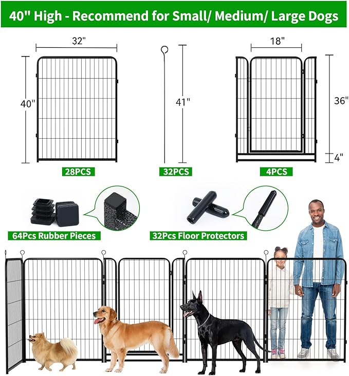 Dog Playpen Outdoor Extra Wide 32 Panels Heavy Duty Dog Fence 40" Height Anti-Rust with Doors Portable for RV Camping Yard, Total 84FT, 561 Sq.ft, Snowy Black