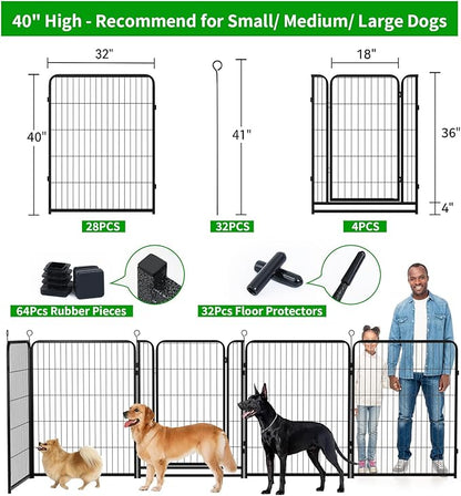Dog Playpen Outdoor Extra Wide 32 Panels Heavy Duty Dog Fence 40" Height Anti-Rust with Doors Portable for RV Camping Yard, Total 84FT, 561 Sq.ft, Snowy Black