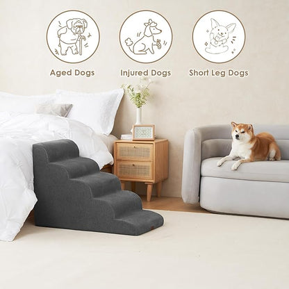 EHEYCIGA Curved Dog Stairs Ramp for High Beds, 5-Step Extra Wide Dog Steps for Small Dogs and Cats, Pet Stairs for High Bed Climbing, Non-Slip Balanced Pet Step Indoor, Grey