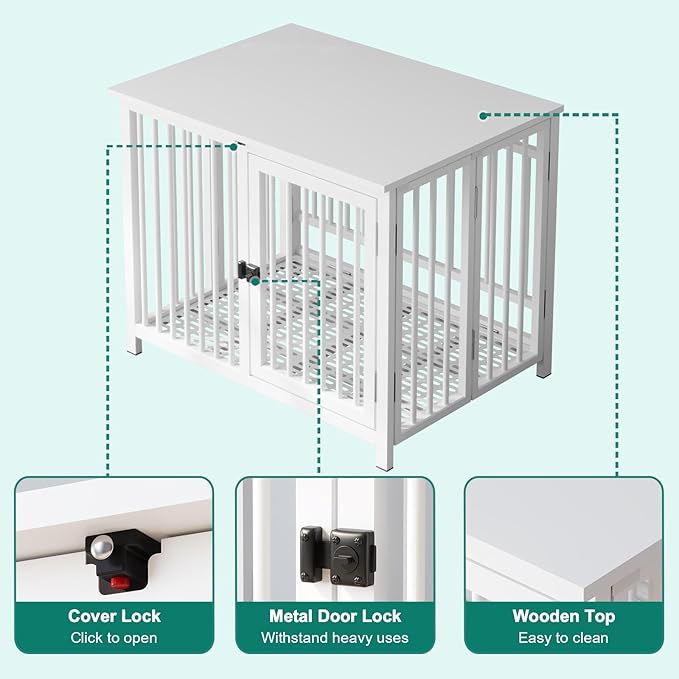 Heavy Duty Dog Crate Furniture, Fully Assembled exc. Locks, All Metal Frame & Wooden Tabletop, Modern Kennel for Small Dog, End Table, Sturdy, Foldable, White