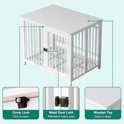 Heavy Duty Dog Crate Furniture, Fully Assembled exc. Locks, All Metal Frame & Wooden Tabletop, Modern Kennel for Small Dog, End Table, Sturdy, Foldable, White