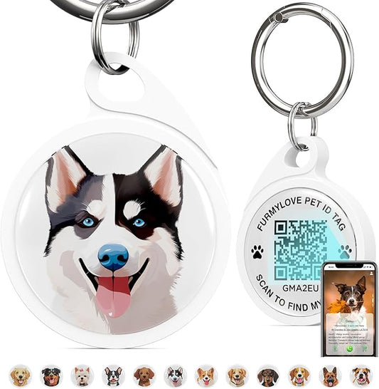 QR Code Dog Tag, Dog Tags Personalized Silent Pet ID Tag Customizable Free Pet Online Profile, Gray Husky