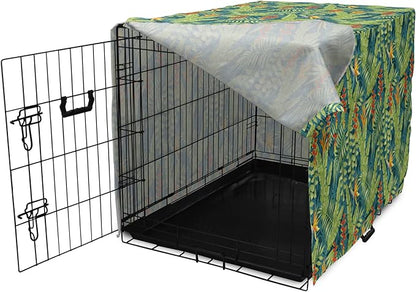 Lunarable Tropical Dog Crate Cover, Exotic Bird of Paradise Blossoms Banana and Areca Fan Palm Leaves, Easy to Use Pet Kennel Cover for Cats & Medium Dogs, 30 Inch, Yellow Green and Dark Teal