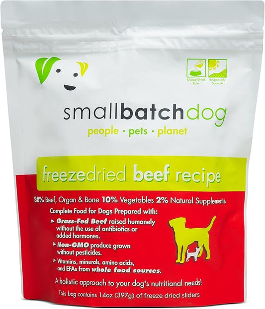 Smallbatch Pets Freeze-Dried Premium Raw Food Diet for Dogs, Beef Recipe, 14 oz, Made in The USA, Organic Produce, Humanely Raised Meat, Hydrate and Serve Patties, Single Source Protein, Healthy