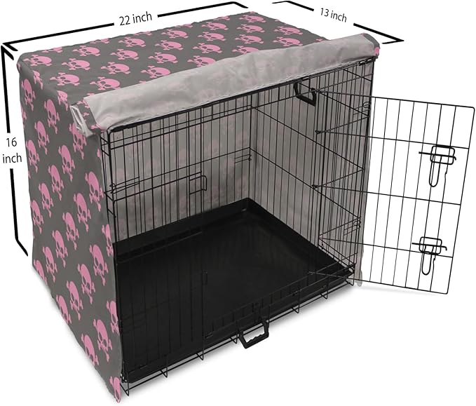 Lunarable Skull Dog Crate Cover, Vivid Pirate on Pale Background Head of a Skeleton and Bones Halloween Themed, Easy to Use Pet Kennel Cover for Small Dogs Puppies Kittens, 22 Inch, Pink Taupe