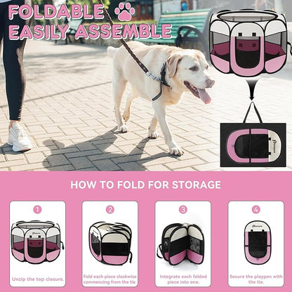 Dog Cat Playpen Indoor Outdoor for Puppy Pet Dog Cat Travel and Recovery After Surgery, Dog Enclosure Tent Crates Cage Indoor/Outdoor, Portable Pop Up Dog Kennel with Carrying Case (Pink, Small)