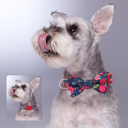 Didog Floral Dog Collar with Bow, Cute Girl Dog Collars with Detachable Bowtie, Soft & Comfy Spring Summer Dog Collar for Small Medium Large Dogs Gift Holiday, Red, L