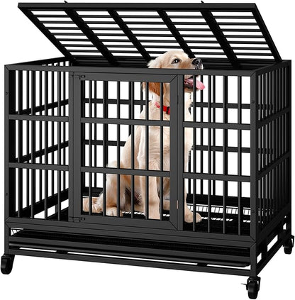 Shintenchi 38 inch Heavy Duty Crates for Large Dog, Indestructible and Escape-Proof Cage Kennel with Lockable Wheels, Double Door High Anxiety with Removable Tray, Black