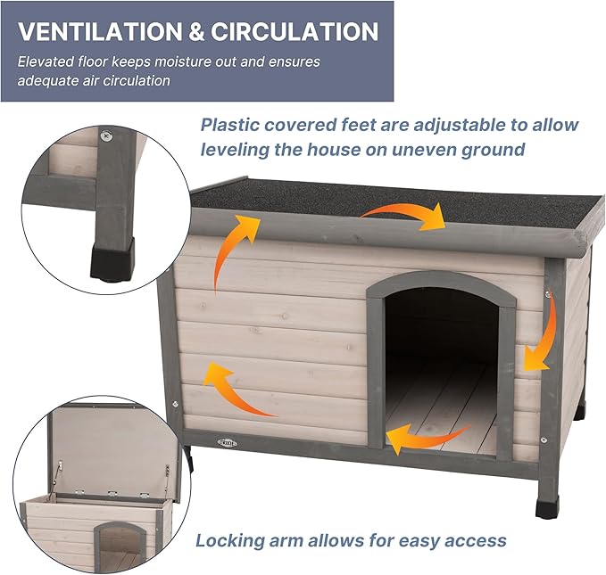 Trixie Natura Classic Dog House Small Outdoor Wooden Dog House with Weatherproof Sealer & Hinged Roof, Adjustable Legs for Small Dogs in Grey 23.75 x 33.5 x 23 in