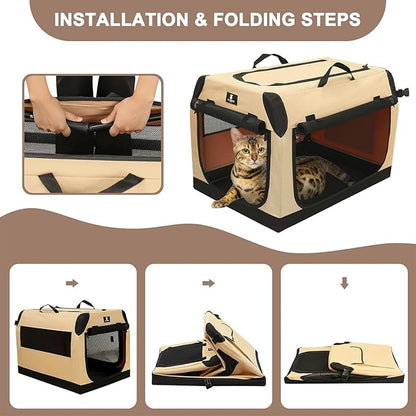 X-ZONE PET Dog Crate Travel Cage for Medium Dogs Portable Collapsible Cat Kennel with 3-Door Durable and Easy Clear Indoor & Outdoor Pet Home 32 '' Beige