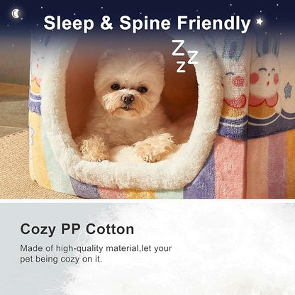 JIUPETY Cute Small Dog House Indoor, Foldable House Kennel Bed Mat with Cushion, L Size Tent Up to 30 Lbs, Dog Cave Bed with Non-Slip Bottom, Rainbow