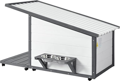 Dog House with Terrace,Weatherproof PVC Roof Small Dogs Kennel W/ 2 Feeding Stainless Bowls and 4 Wheels,Indoor & Outdoor Pine Dog Cage,Easy to Assemble,for Small Dogs,Pets,Gray