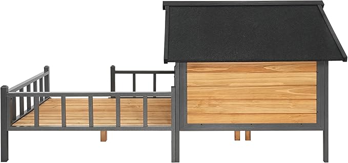 Ball & Cast 67" Outdoor Wooden Dog House with Waterproof Asphalt Roof,All-Around Iron Frame Kennel with Resting Porch for Large Dogs(71-90 lbs),Durable Yard Cabin for Pets,Honey