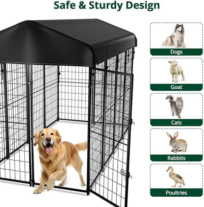 Dog Kennel Outside with Roof, 8'x6'x4' Outdoor Dog Kennels for Large Dogs, Heavty Duty Welded Dog Crate Playpen with UV-Resistant Waterproof Cover