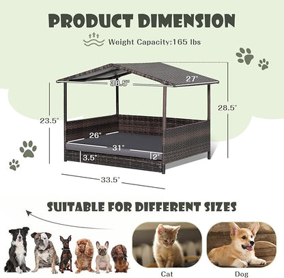 Giantex Wicker Dog House, Raised Rattan Dog Bed with Waterproof Roof, Washable Cushion Cover, Steel Frame, Indoor Outdoor Elevated Dog Bed Pet House for Small Medium Dogs Cats, Easy Assembly