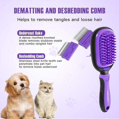 Dog Grooming Brush Kit 5-in-1 with Interchangeable Heads – Ideal for Medium & Large Dogs and Cats with Medium to Long Hair – Reduces Shedding, Removes Tangles, and Controls Loose Fur. Purple