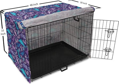 Lunarable Jurassic Dog Crate Cover, Abstract Cartoon Dinosaur Pattern Ferns Caricature Style Creatures Prehistoric, Easy to Use Pet Kennel Cover for Medium Large Dogs, 48 Inch, Blue Purple