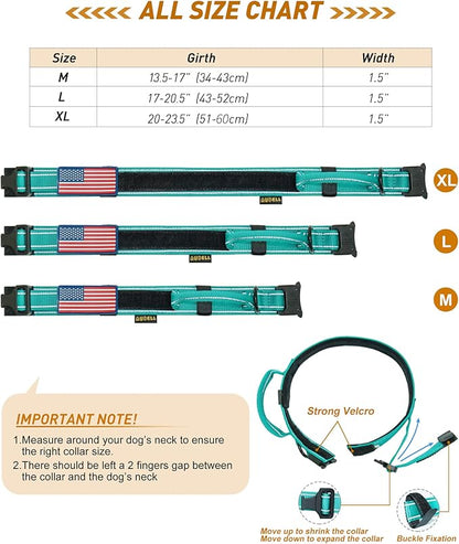 AUBELL Tactical Dog Collar - Adjustable Military Training Nylon Reflective Collar with Handle and Heavy Duty Durable Metal Buckle for Medium Large Dogs, with Airtag Holder and Patches(Teal, L)