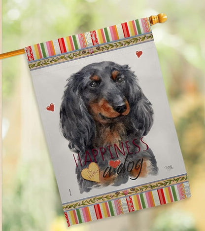 Breeze Decor Blue Long Hair Dachshund Happiness House Flag-Pack Dog Puppy Spoiled Paw Canine Fur Pet Nature Farm Animal Creature Vintage Applique Garden Yard Gift Double-Sided, Made in USA