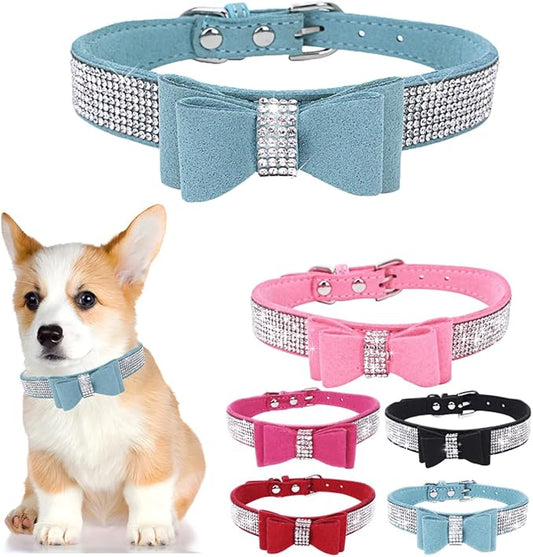 Rhinestone Dog Collars for Small Dogs, Female Diamond Dog Collar with Bowtie Crystal Jeweled Girl Cat Collar Sparkling Glitter for XXS XS Small Dogs,Light Blue,XXS