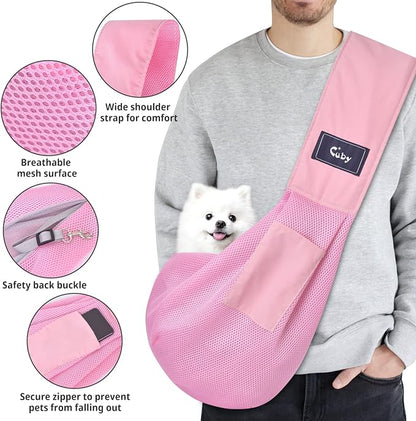 CUBY Dog and Cat Sling Carrier, Hands Free Reversible Pet Papoose Bag, Soft Pouch Adjustable, Suitable for Puppy Cats for Outdoor Travel (Pink Mesh, one Size mesh)