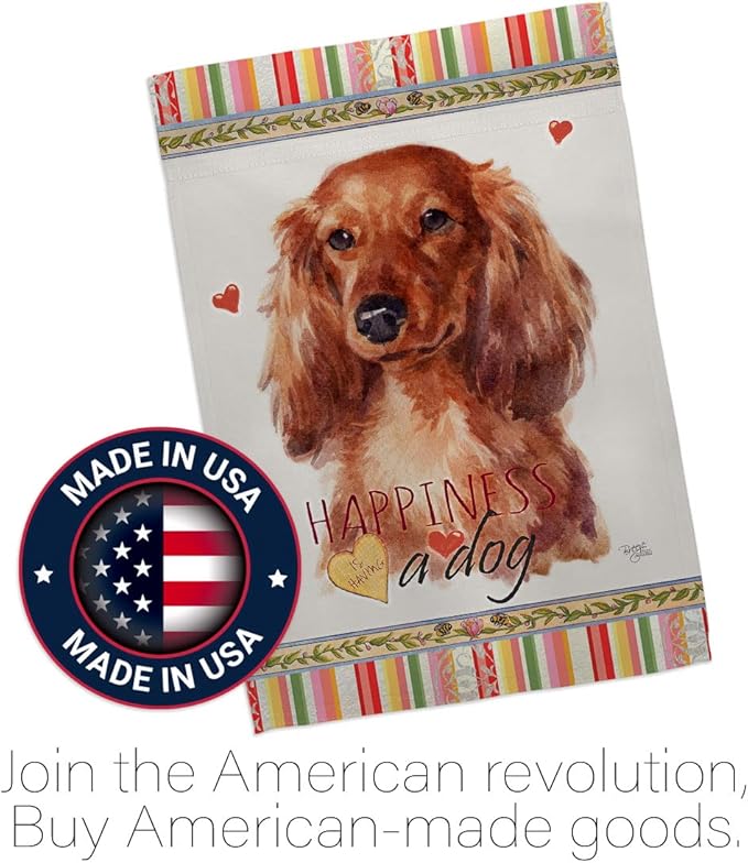 Breeze Decor Long Hair Dachshund Happiness House Flag Pack Dog Puppy Spoiled Paw Canine Fur Pet Nature Farm Animal Creature Support Our Troops Banner Small Garden Yard Gift Double-Sided, Made in USA