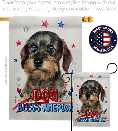 Breeze Decor Patriotic Wire Haired Dachshund Garden House Flag-Kit Dog Puppy Spoiled Paw Canine Fur Pet Nature Farm Animal Creature Decoration Banner Small Yard Gift Double-Sided, Made in USA