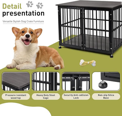 32 Inch Dog Crate Furniture, Heavy Duty Dog Kennel with Side Door, Decorative Pet House End Table, Wooden Cage Kennel Furniture Indoor, Grey