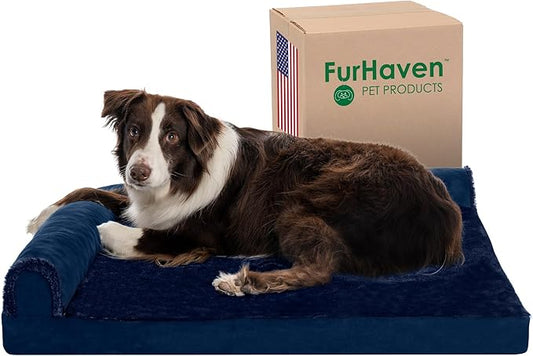 Furhaven Memory Foam Dog Bed for Large/Medium Dogs w/ Removable Bolsters & Washable Cover, For Dogs Up to 55 lbs - Plush & Velvet L Shaped Chaise - Deep Sapphire, Large
