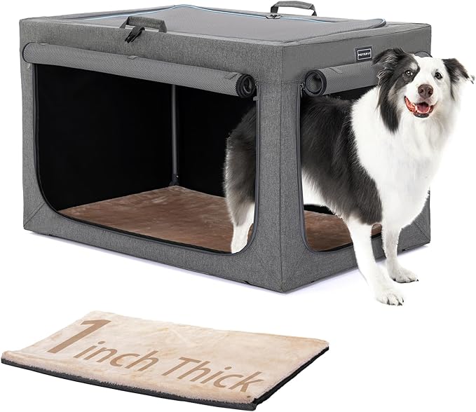 PETSFIT Travel Dog Crate, Soft Sided Dog Crate - 36 Inch Easy Set-up, Light, Sturdy, Comfy Inside with Thicken Mat, Collapsible Crate for Home and Travel Grey