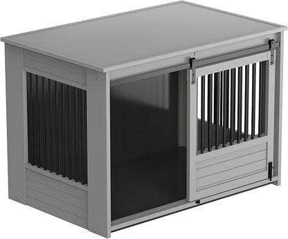 New Age Pet ECOFLEX Barn Door Dog Crate End Table - Grey, X-Large - Durable Wood Plastic Composite with Stainless Steel Latch, Easy Assembly, 10 Year Warranty