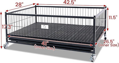 Homey Pet 43" Dog Whelping Box for Puppies, Heavy Duty Metal Whelping Box for Small Breed Dogs with Washable Plastic Floor, Removable Tray and Four Lockable Wheels