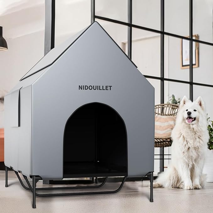 Nidouillet 48" Large Dog House for Outdoor or Indoor, Weatherproof 600D PVC Large Dog House with 8.5" H Textilene Elevated Dog Bed Breathable, Easy to Clean, Dog House Max 200lbs