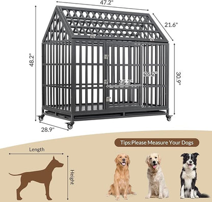 Rovibek 48 Inch XXL Dog Crate, Heavy Duty Dog Crate with Lockable Wheels, Escape Proof Dogs Cage for Extra Large Dogs, Dog Kennel Indoor, Indestructible Dog Crates with Removable Trays
