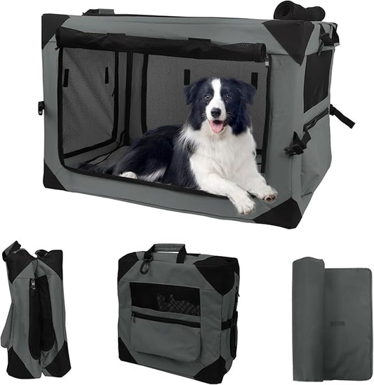 Wdmiya Dog Crates for Medium & Large Dogs, Portable Travel Dog Crate with Chew Proof Mesh, Soft Collapsible Dog Crate with Absorbent Dog Pad, Car Dog Kennel Indoor & Outdoor 4-Door (Grey, l)