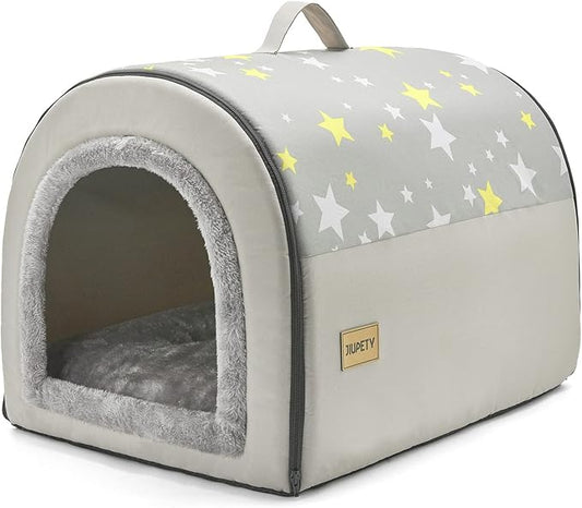 Jiupety Indoor Dog House, 2 in 1 Portable Foldable House Bed with Cover, Pet Tent & Cave Bed for Small Medium Dog, L(24"×18"×18"), Up to 20 Lb, Grey
