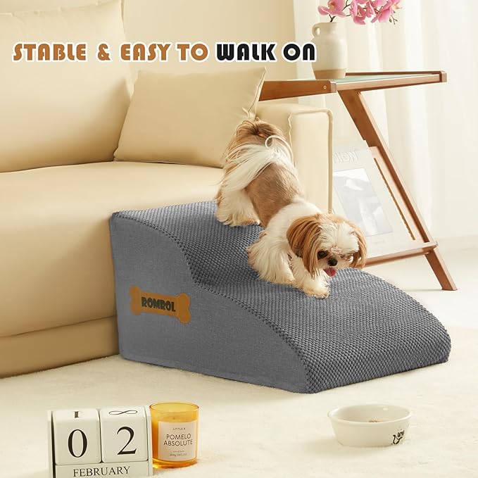 High Density Foam Dog Stairs Ramp for Beds Couches, Romrol Pet Steps with Durable Non-Slip Waterproof Fabric Cover, Dog Slope Stairs Friendly to Small Dogs and Cats or Pets Joints, 2-Tiers