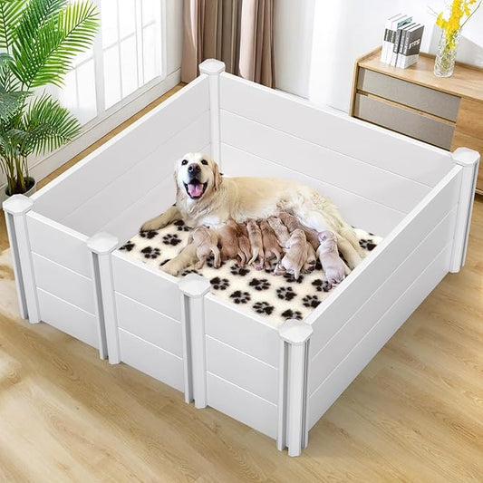 Whelping Box for Dogs, PVC Waterproof & Rustproof Puppy Playpen with Adjustable Height Door, Puppy Whelping Supplies & Raised Garden Bed, Easy Assembly, Indoor/Outdoor Use, 48x48x18in