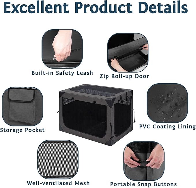 Collapsible Soft Dog Crate 30 Inches, Portable Travel Dog Cage for Medium Dogs, Dog Kennel Indoor & Outside, Foldable Dog Crate with 3-Door Mesh Windows