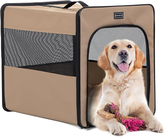 PETSFIT Dog Crate Travel, Portable Dog Crate - 31 Inch with Thicken Mat, Easy to Fold, Sturdy and Portable, Perfect for Traveling, Collapsible Dog Kennel Khaki