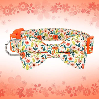 Didog Floral Dog Collar with Bow, Cute Girl Dog Collars with Detachable Bowtie, Soft & Comfy Spring Summer Dog Collar for Small Medium Large Dogs Gift Holiday, Orange, S