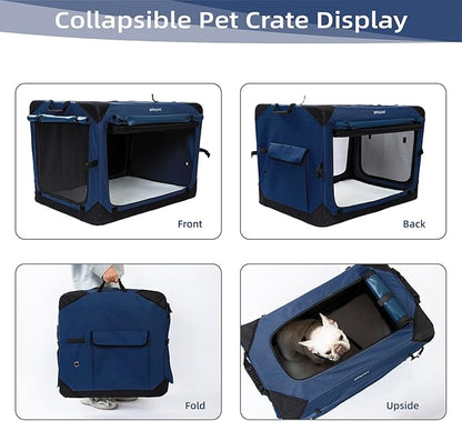 Pettycare 36 Inch Collapsible Dog Crate with Curtains Travel Dog Crate for Airflow and Calm Soft Pet Kennel with Portable Bag and More Chew Proof Mesh Indoor & Outdoor Navy Blue 4 Door Curtains