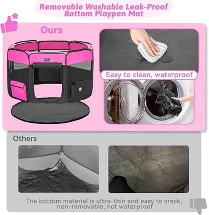 PETSFIT Portable Dog Playpen, 29" Dia Puppy Playpen with Zipper Removable Mesh Top Cover and Leakproof Playpen Bottom Mat-Cat Playpen Indoor/Outdoor for Cats,Dogs&Small Animals