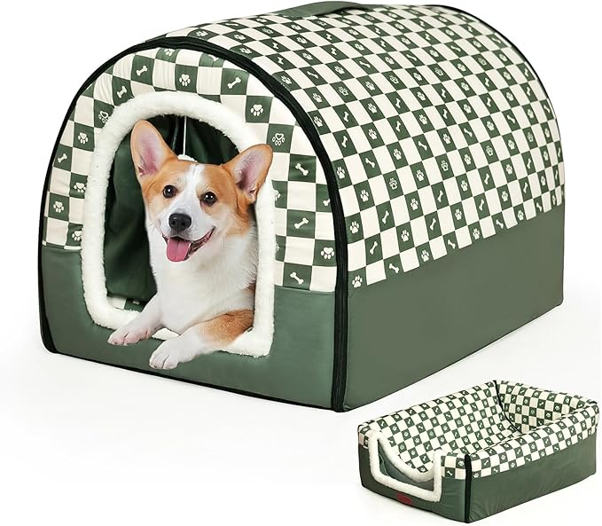 Dog House Indoor, Cozy Dog Cave Bed with Door Curtain, Cushion Mat, Removable and Washable Cover, Multi-Purpose Covered Dog Bed & Cat House for Small- Medium Dogs