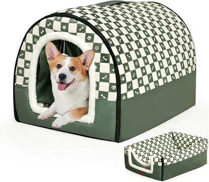 Dog House Indoor, Cozy Dog Cave Bed with Door Curtain, Cushion Mat, Removable and Washable Cover, Multi-Purpose Covered Dog Bed & Cat House for Kitten Puppy Rabbit