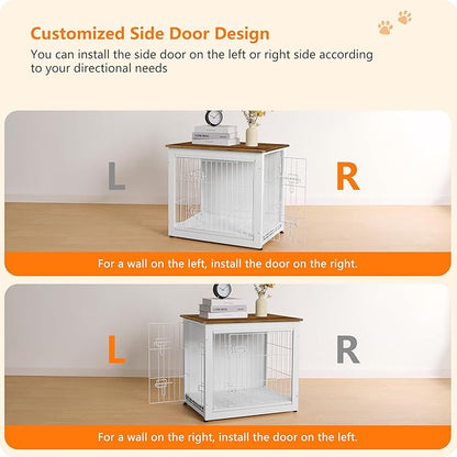 DWANTON Dog Crate Furniture with Cushion, Wooden Dog Crate with Double Doors, Dog Furniture, Dog Kennel Indoor for Small Dog，End Table, 27.2" L, White+Warm Brown