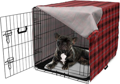 Lunarable Buffalo Plaid Dog Crate Cover, Arrangement with Lumberjack Themes Geometric Concept Pattern Print, Easy to Use Pet Kennel Cover for Cats & Medium Dogs, 24 Inch, Vermilion and Grey