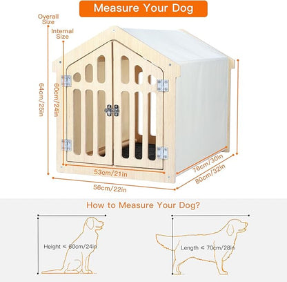 Dog House Indoor for Small Dogs & Medium Dogs 30”Lx21”Wx24”H, Wooden Board & Oxford Fabric & Felt Mat, Lockable Door, Easy Assembly, Wooden Color